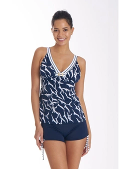 Aqua Perla Womens Cindy Navy Tie Side Ruched Bikini Short Printed SPF50+